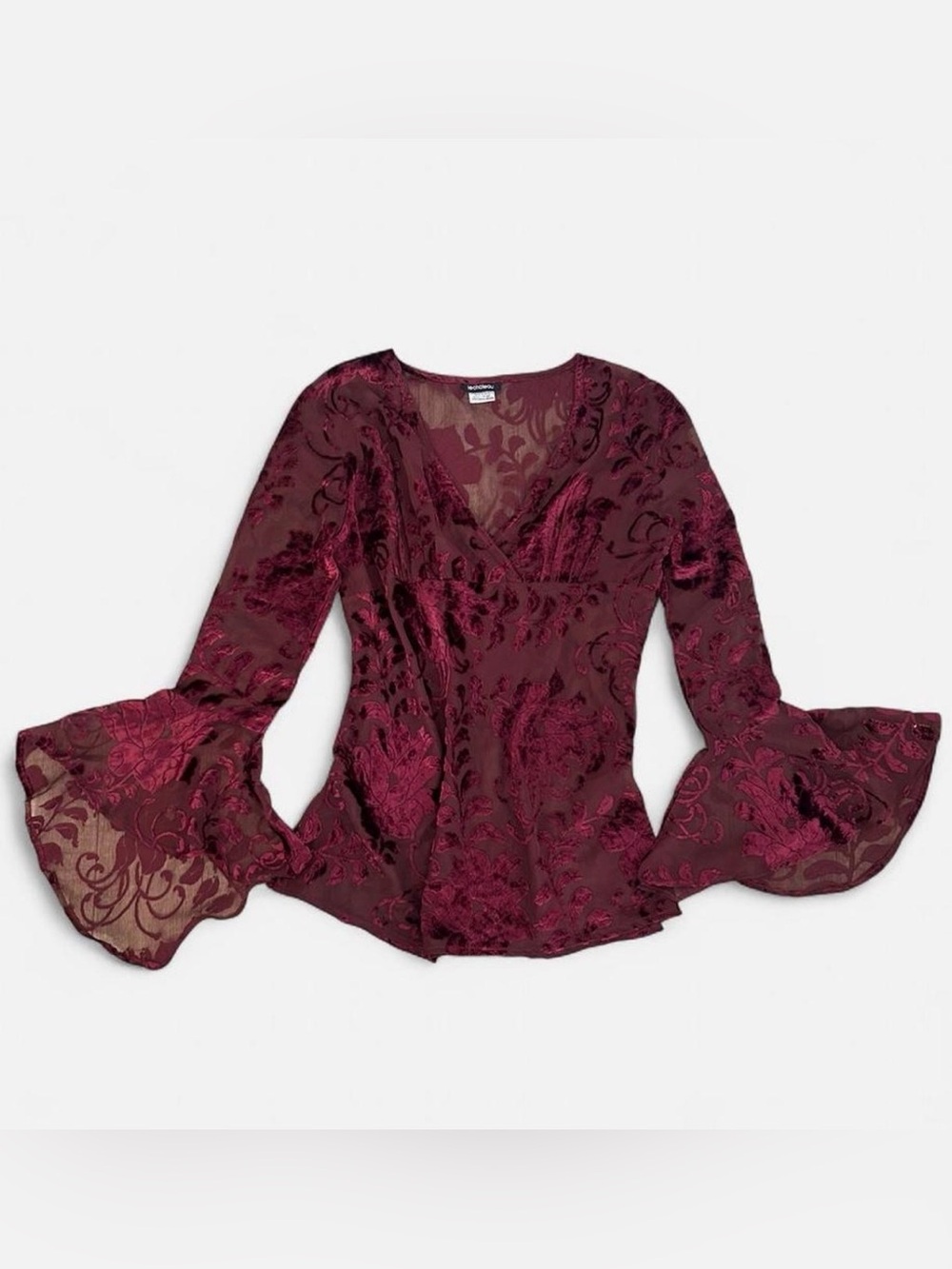 le chateau Burgundy Floral Burnout V-Neck Bell Sleeve Blouse
